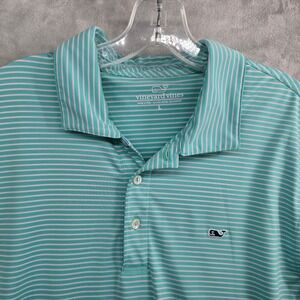 Vineyard Vines Size Large Striped Performance Polo Shirt Teal White Short Sleeve